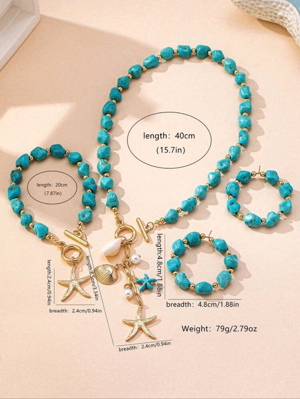 BRAND NEW ** Turquoise Blue  Bead & Gold Starfish Jewelry Set - Picture 3 of 6